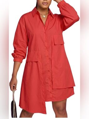 NWT-Med Ekaliy Collar V Neck Button Down Shirt Puff Long Sleeve Loose Midi Dress